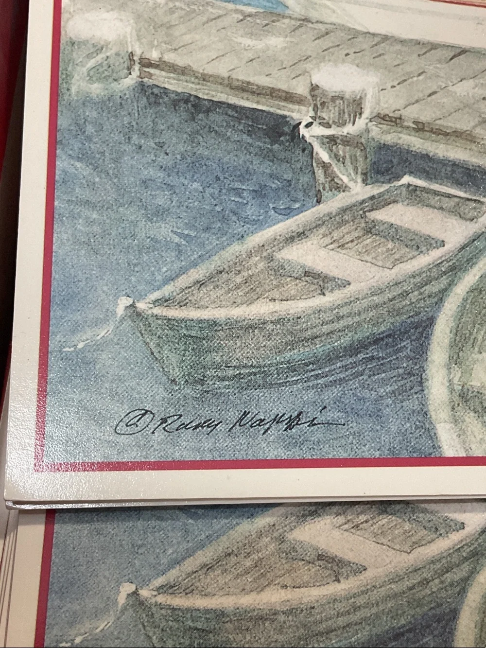 Holiday Harbor Christmas Cards - Red Border, Blue Scenic Design